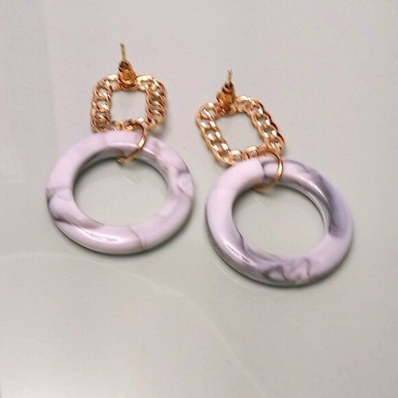 White & Gray Swirl Acrylic Hoop Drop Earrings. - Picture 2 of 4